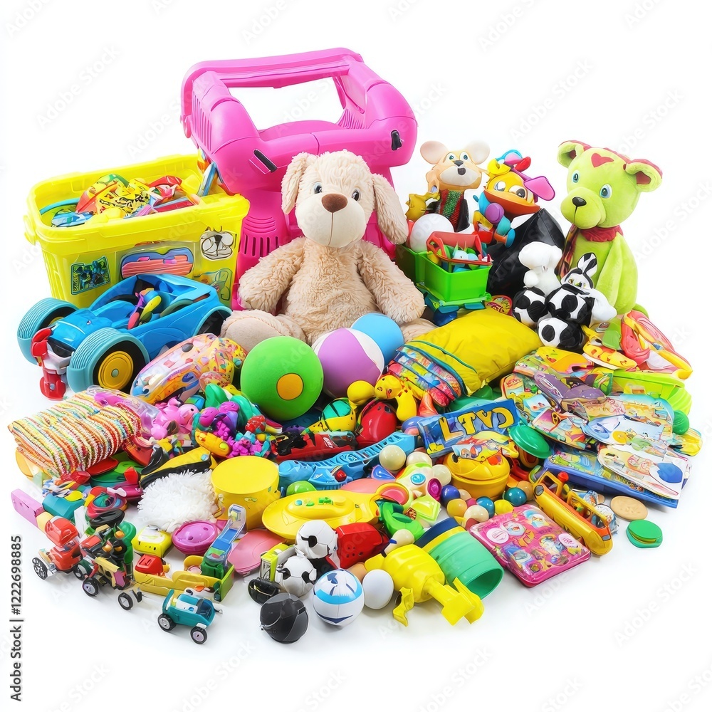 Colorful toys and plush animals piled high; children's play; studio shot; background white; ideal for online toy stores Colorful toys and plush animals piled high; children's play; studio shot; background white; ideal for online toy stores