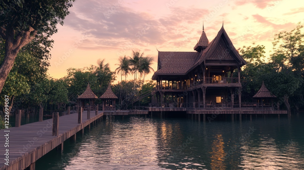 Fototapeta premium Tranquil Boathouse with Thai Architecture at Sunset Overlooking Orchards
