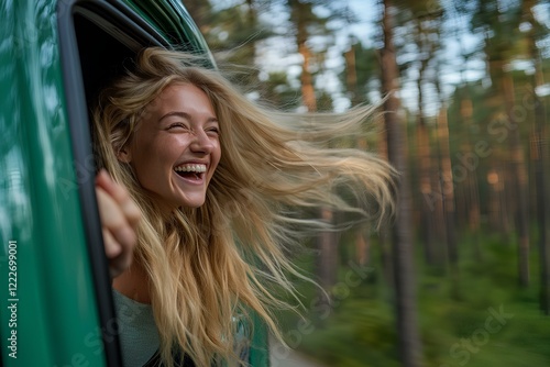 Wallpaper Mural A happy woman is laughing and having fun on a road trip in a green campervan. Her blonde hair is flying out of the window of the modern van as it travels through a summer forest landscape  Torontodigital.ca