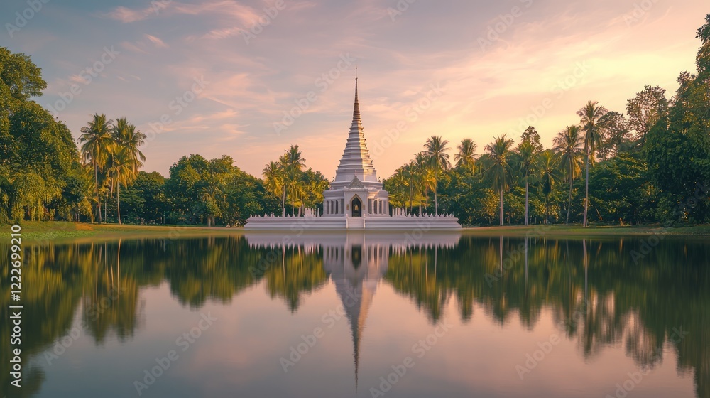 Tranquil Island Stupa: Orchards Reflecting in Calm Waters at Dusk - Ultra-Detailed Cinematic Image of Thai Architecture Tranquil Island Stupa: Orchards Reflecting in Calm Waters at Dusk - Ultra-Detailed Cinematic Image of Thai Architecture