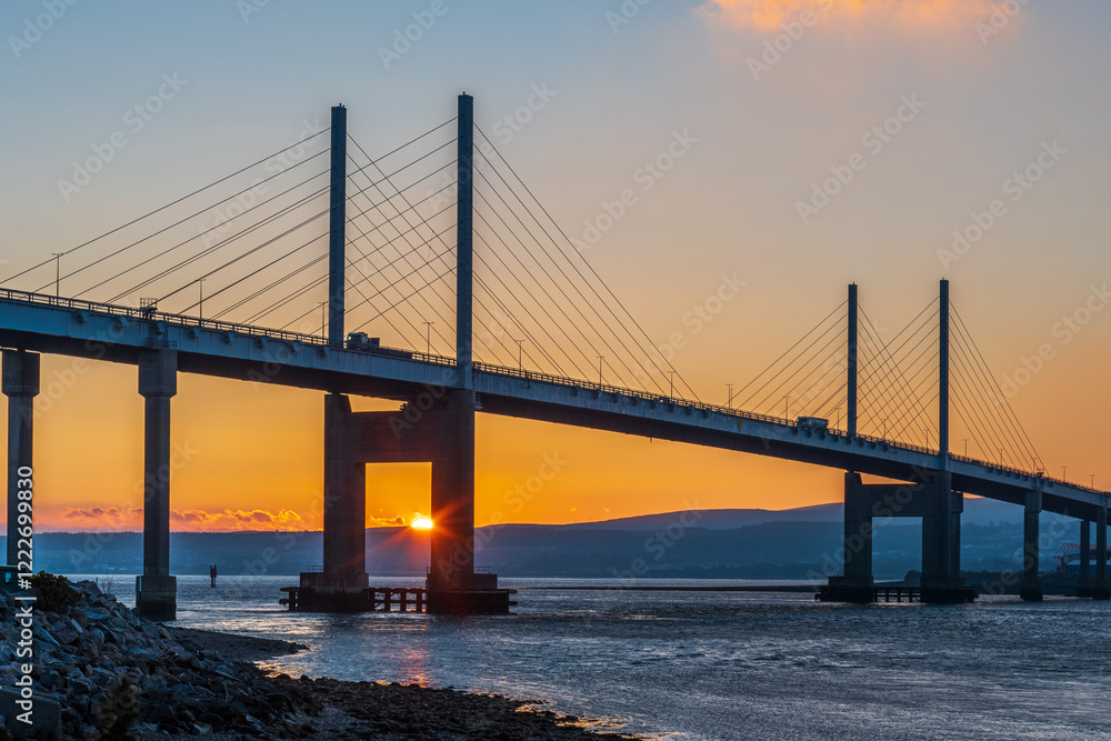 Obraz premium Sunrise behind Kessock Bridge, Inverness, Scotland, UK