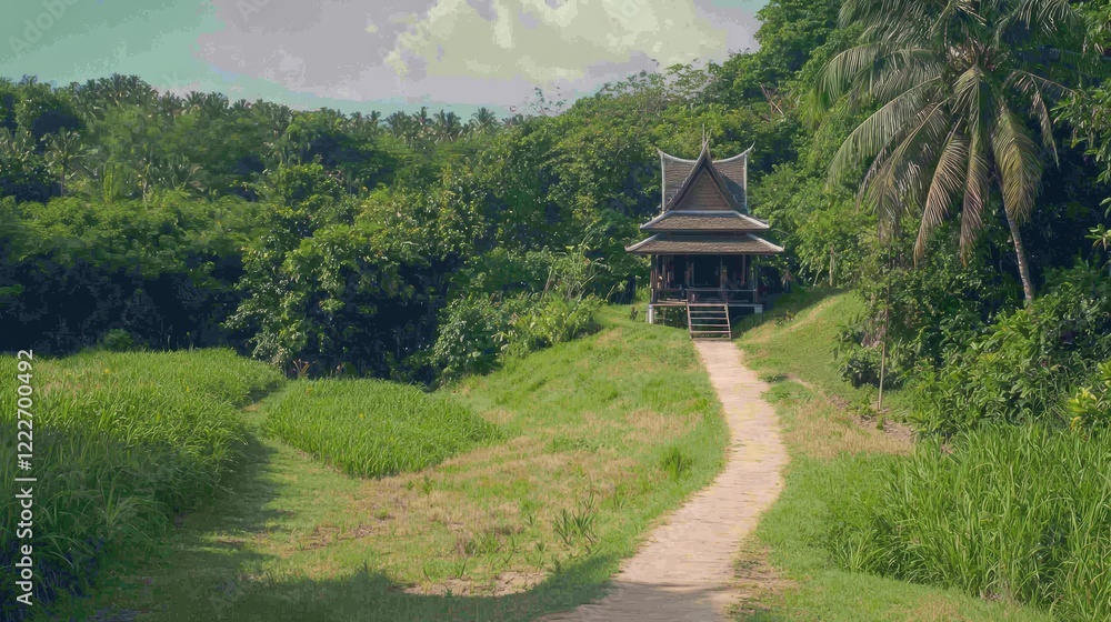 Serene Orchid Field with Stilted Thai Shrine on Mound - Ultra-Detailed Cinematic Image of Graceful Thai Architecture Serene Orchid Field with Stilted Thai Shrine on Mound - Ultra-Detailed Cinematic Image of Graceful Thai Architecture
