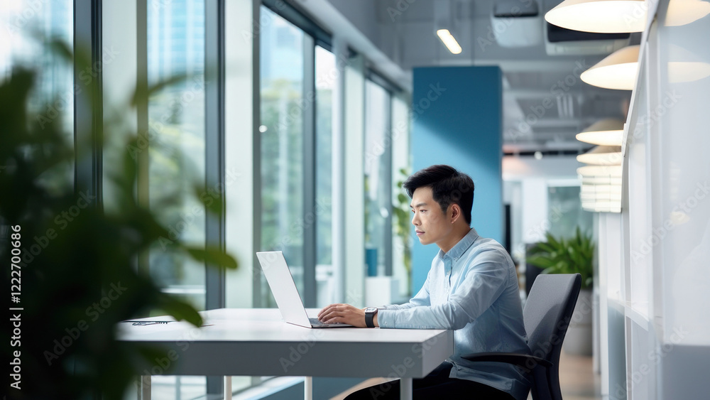 side view photo of an Asian office worker wearing casual clothes sitting in an office. side view photo of an Asian office worker wearing casual clothes sitting in an office.