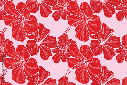 Hand drawn seamless hibiscus pattern is inspired by the tropical hibiscus flower, which holds cultural significance in many traditions. Often used in fashion, decor, and design.