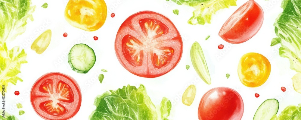 Fresh vegetable pattern: vibrant tomatoes, cucumbers, and lettuce on white background Fresh vegetable pattern: vibrant tomatoes, cucumbers, and lettuce on white background