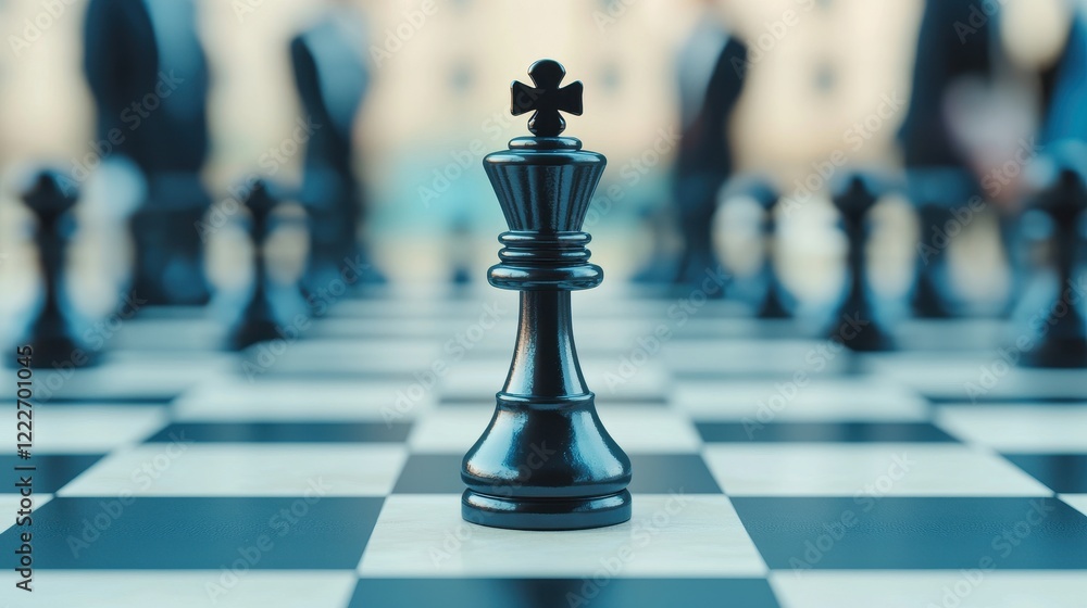 A close-up of a black king chess piece, prominently displayed on a chessboard, with blurred figures in the background, emphasizing strategy and competition. A close-up of a black king chess piece, prominently displayed on a chessboard, with blurred figures in the background, emphasizing strategy and competition.