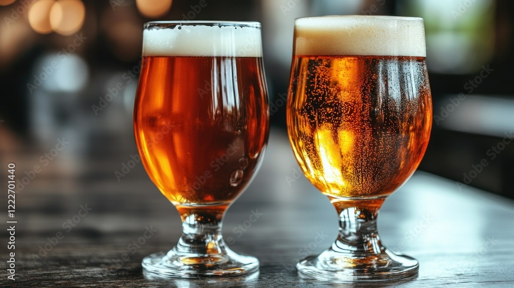 Two Glasses of Refreshing Craft Beer on a Wooden Table Two Glasses of Refreshing Craft Beer on a Wooden Table