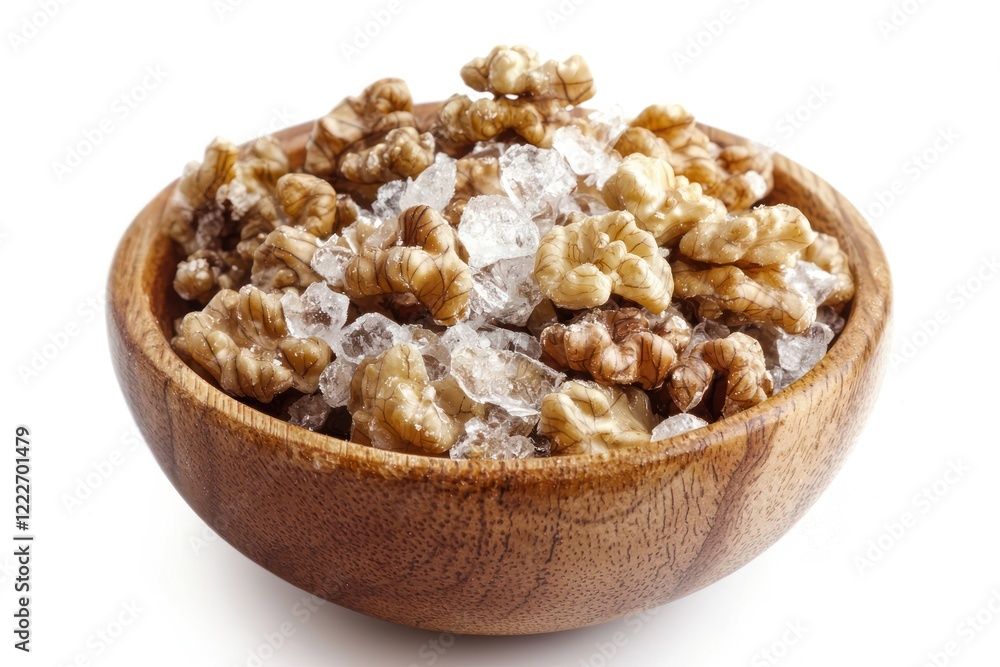 A wooden bowl filled with walnuts and ice, showcasing a unique food presentation.