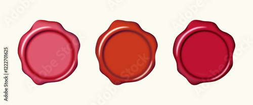 Wax seal stamp mockup. Set of pink and red shades sealing wax stamps decorative elements. Elegant vintage sign clip art for invitation, cards, letters, calligraphy design. 3d vector illustration.