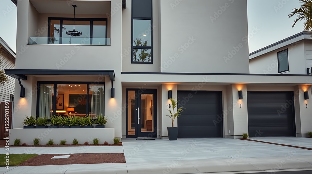 Obraz premium Luxury Modern Home Exterior at Night. Contemporary architecture, elegant design, and stunning facade. Perfect for real estate listings and architectural showcases.