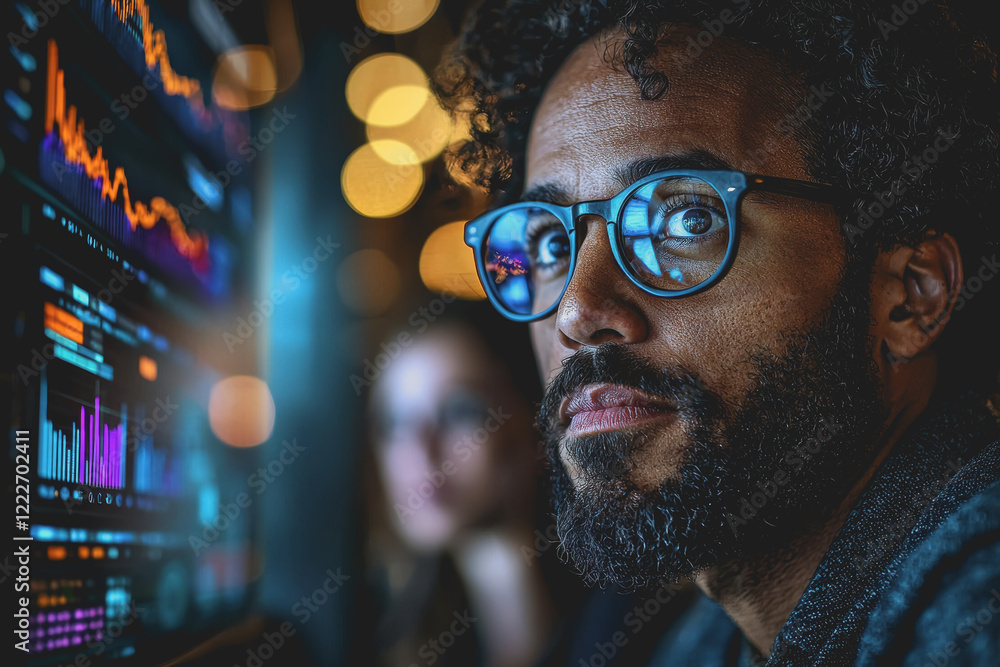 Man with glasses focused on a computer screen while working in a modern office environment during the day with natural light streaming in through a window Man with glasses focused on a computer screen while working in a modern office environment during the day with natural light streaming in through a window