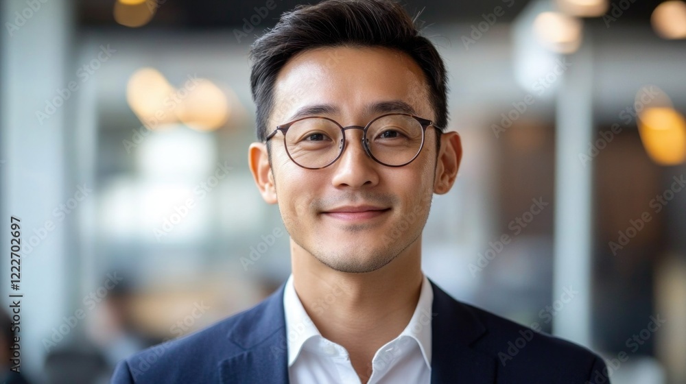 Professional man in glasses smiles confidently in a modern office setting during daytime Professional man in glasses smiles confidently in a modern office setting during daytime