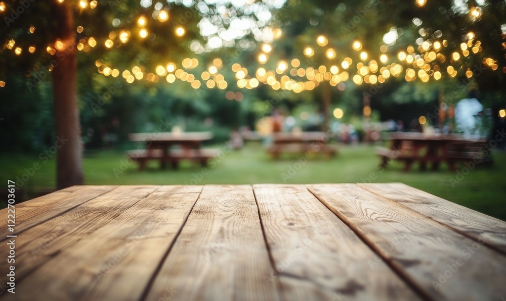 Empty wooden table with garden bokeh for a catering or food background with a country outdoor theme Empty wooden table with garden bokeh for a catering or food background with a country outdoor theme