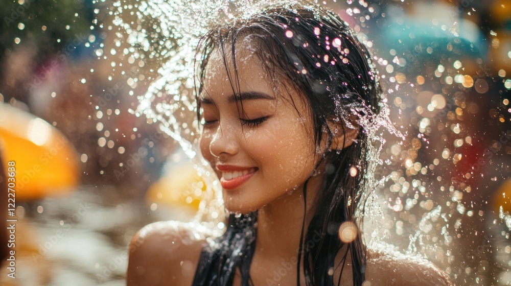 Fototapeta premium beautiful Asian woman splashing water during tradition festival Thai
