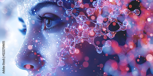 Abstract Digital Art of a Woman's Face with Molecular Structures and Futuristic Blue and Pink Glow  
