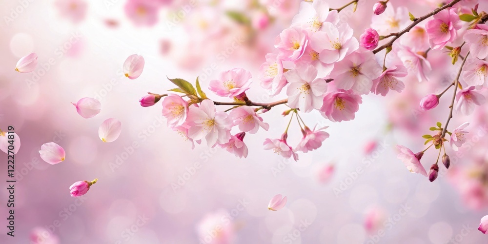 Delicate pink sakura petals gently falling from a blooming cherry blossom tree against a soft white background , blooming tree, pink flowers Delicate pink sakura petals gently falling from a blooming cherry blossom tree against a soft white background , blooming tree, pink flowers