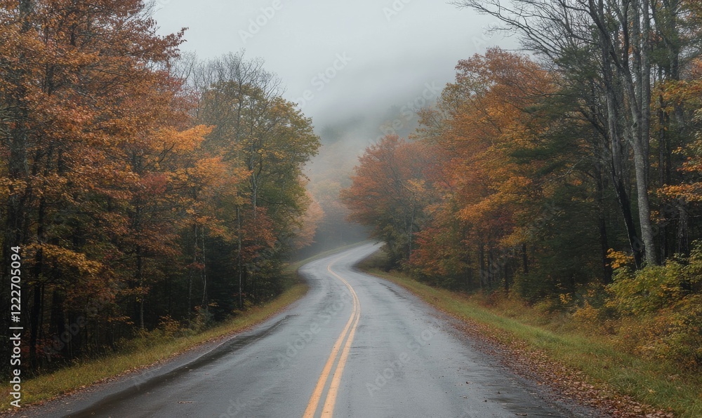Foggy road stretches into the distance under gray sky Foggy road stretches into the distance under gray sky