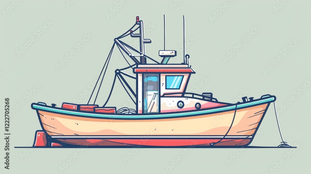 Retro Fishing Boat Cartoon Icon in Colorful Style for Vessel Designs Retro Fishing Boat Cartoon Icon in Colorful Style for Vessel Designs