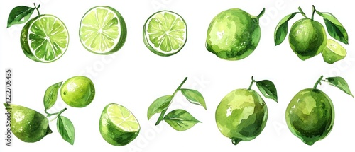 A collection of hand-painted lime illustrations showcasing various lime types and slices. © Sri