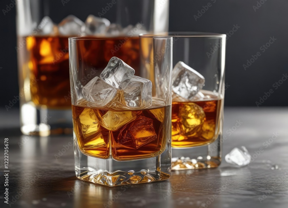 Golden brown whiskey with ice cubes in a glass, luxury drink, refreshment cocktail, boozy Golden brown whiskey with ice cubes in a glass, luxury drink, refreshment cocktail, boozy