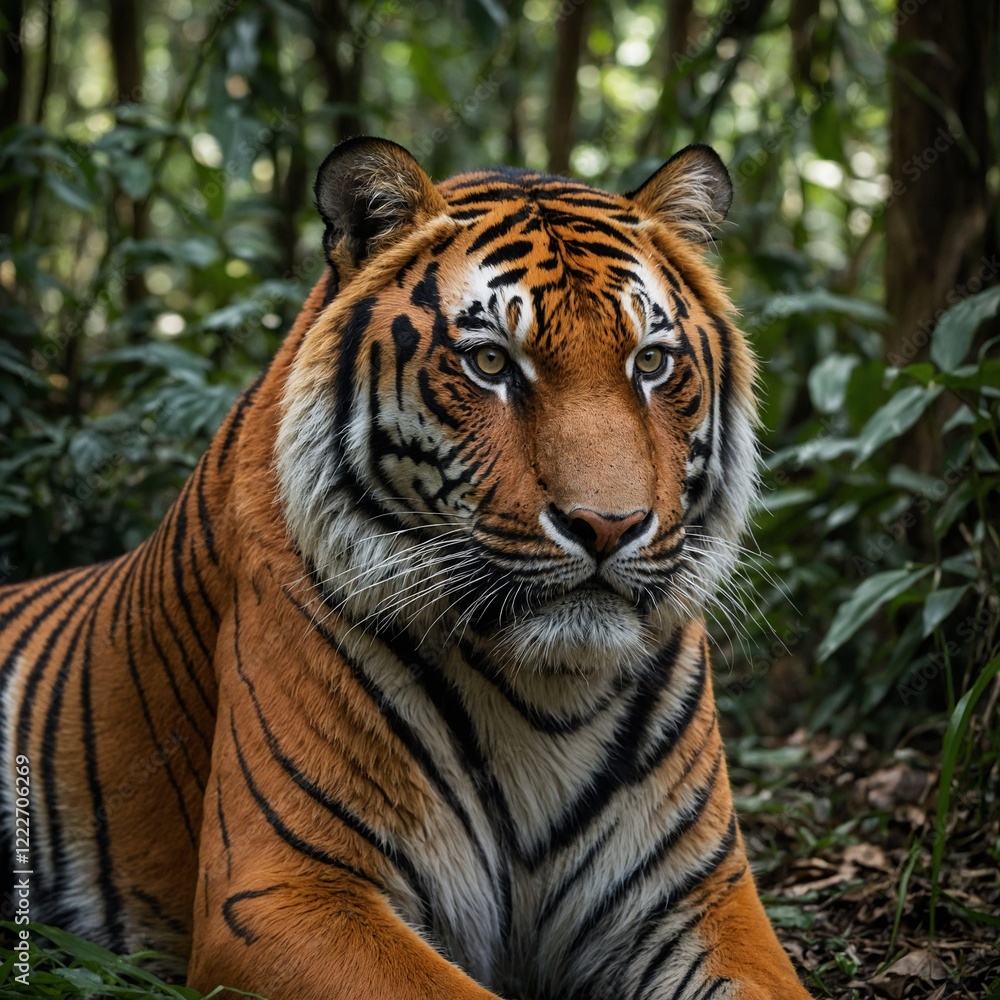 Fototapeta premium A Malayan tiger rests peacefully in the forest, its vibrant orange fur and striking black stripes blending beautifully with the natural surroundings. This majestic creature, known for its grace and po