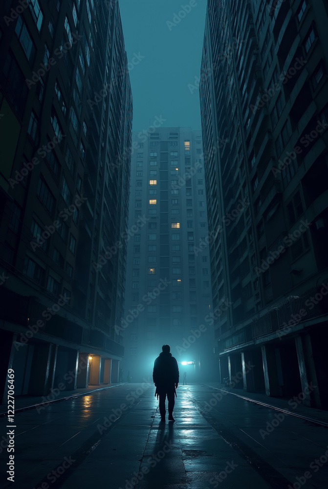 Silhouette of an unknown mysterious man standing in front of a tall building Silhouette of an unknown mysterious man standing in front of a tall building