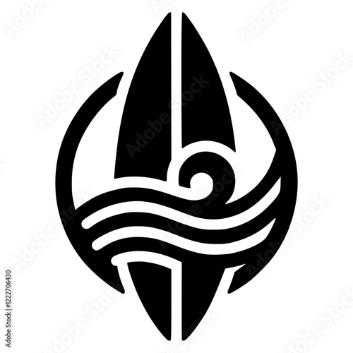 A minimalist surfboard design intersecting with a stylized ocean wave
