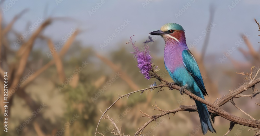 Fototapeta premium Graceful lilac breasted roller capturing insect in savanna, nature, insect, exotic