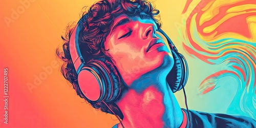 Young man with curly hair immersed in music wearing headphones against a vibrant orange and blue abstract background reflecting joy and tranquility. photo