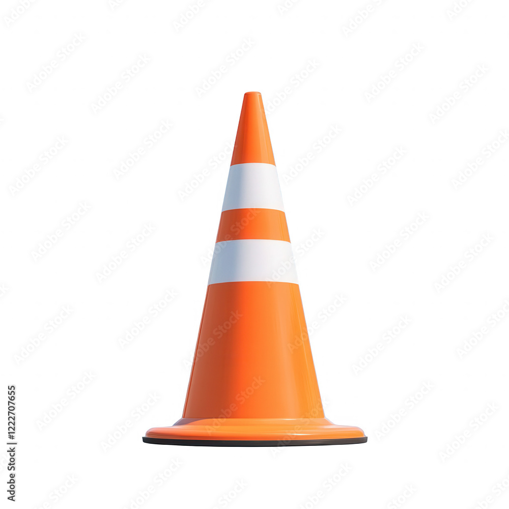 A bright orange traffic cone with white stripes used for road safety and alert signs. A bright orange traffic cone with white stripes used for road safety and alert signs.