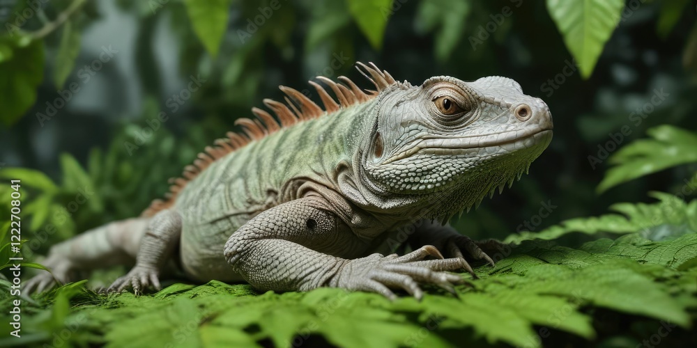 Green lau banded iguana resting on a lush green leaf, green lau banded iguana, green vegetation Green lau banded iguana resting on a lush green leaf, green lau banded iguana, green vegetation