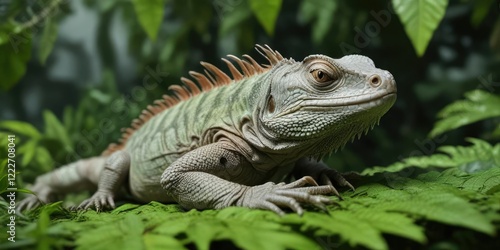 Green lau banded iguana resting on a lush green leaf, green lau banded iguana, green vegetation photo