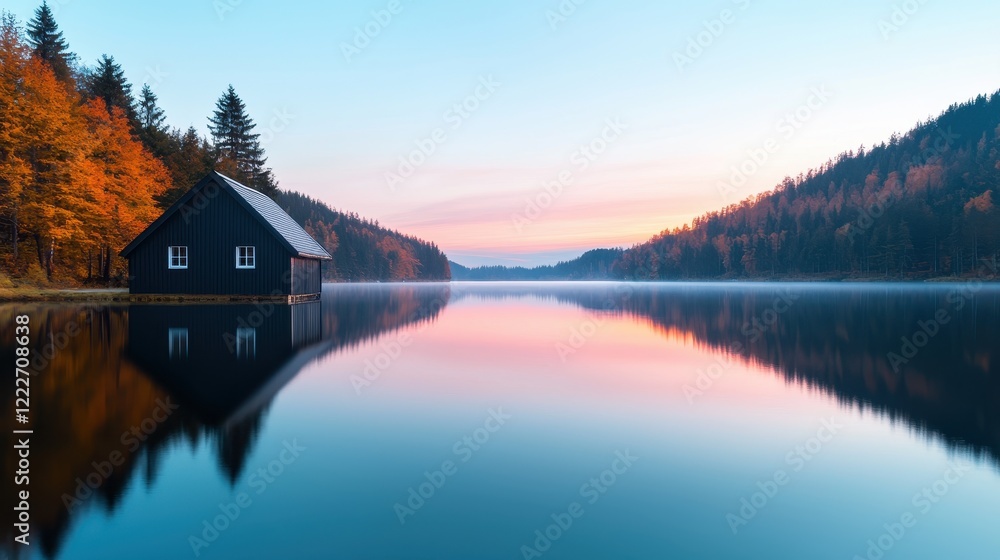 A serene lakeside view featuring a cabin surrounded by autumn trees, reflecting the colorful sky and calm water at sunrise. A serene lakeside view featuring a cabin surrounded by autumn trees, reflecting the colorful sky and calm water at sunrise.