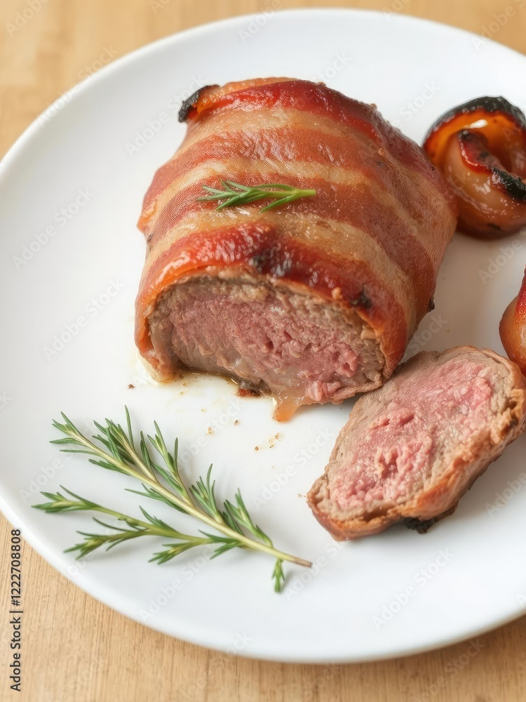 Grilled steak filet mignon wrapped in crispy bacon served on a white plate, delicious, bacon Grilled steak filet mignon wrapped in crispy bacon served on a white plate, delicious, bacon