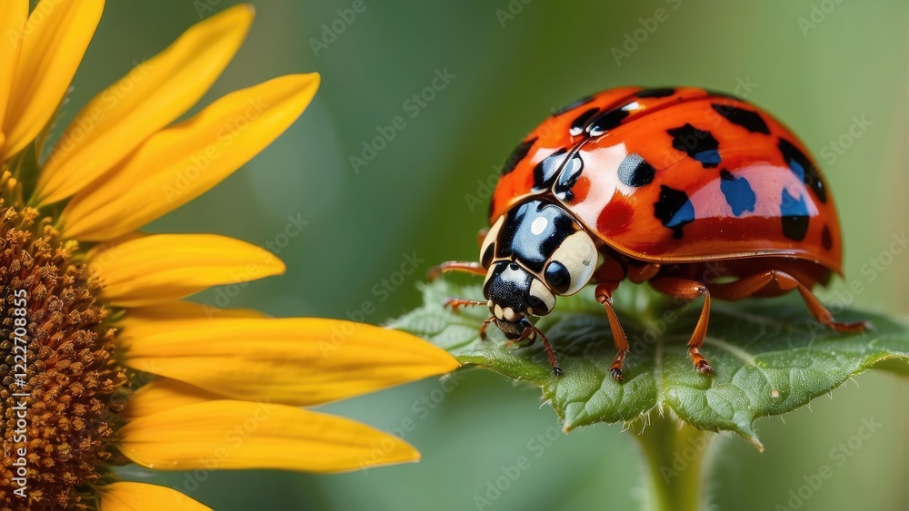 A vibrant close-up of a sunflower with a glossy orange and black ladybug perched on the central dark seed head, A vibrant close-up of a sunflower with a glossy orange and black ladybug perched on the central dark seed head,