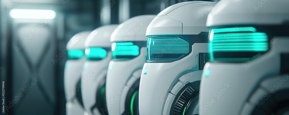 Eco-Friendly technology idea. Close-up of futuristic robots with neon lights in a sci-fi environment. Eco-Friendly technology idea. Close-up of futuristic robots with neon lights in a sci-fi environment.