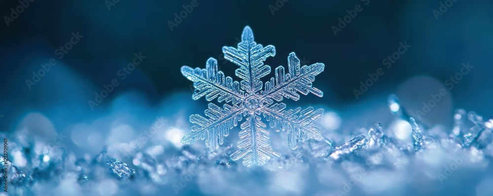Macro view of intricate snowflake crystal on glittering frosty background Macro view of intricate snowflake crystal on glittering frosty background