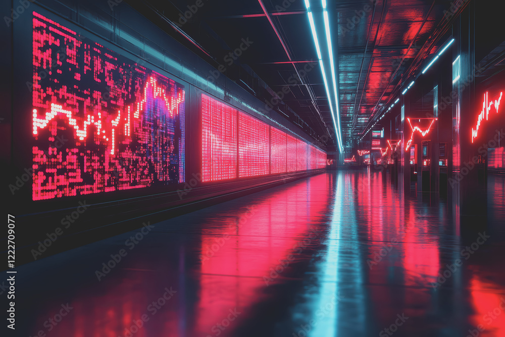 Obraz premium Business crisis, holographic price reduction, futuristic economic downturn, neon interface.