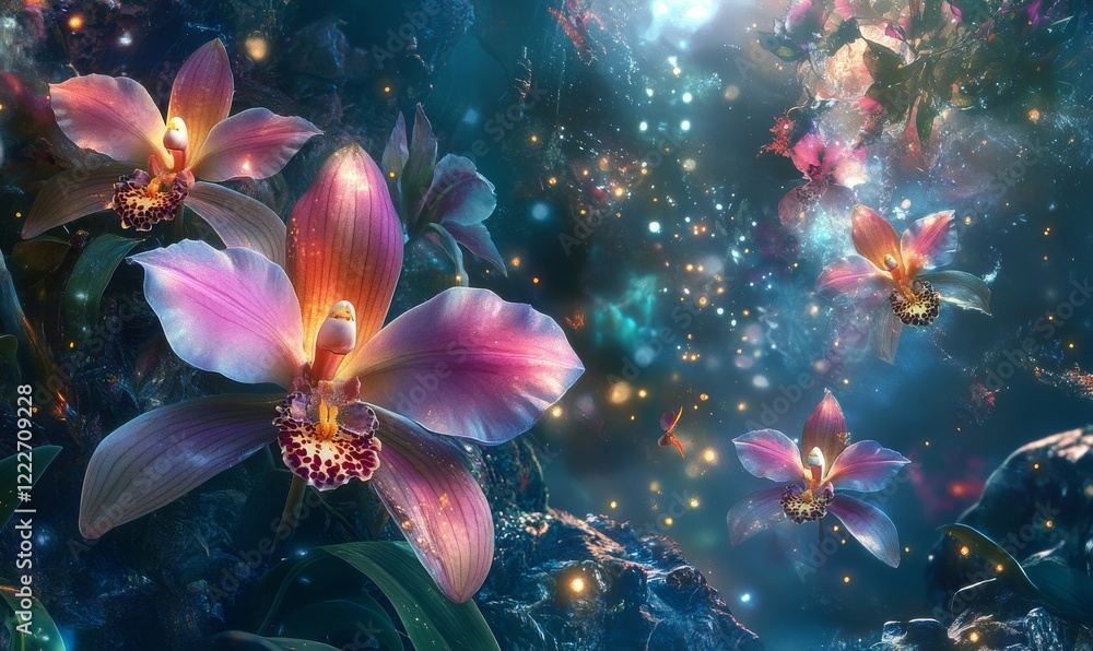 Fototapeta premium Fantastical orchids blooming in an otherworldly environment