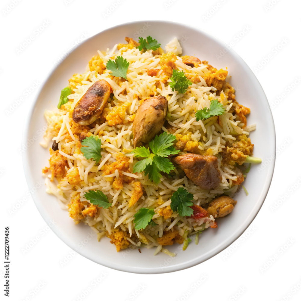 Biryani in white plate isolated on transparent background Biryani in white plate isolated on transparent background