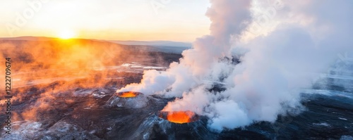 Clean energy idea. A stunning aerial view of a volcanic landscape at sunset with smoke and lava. photo