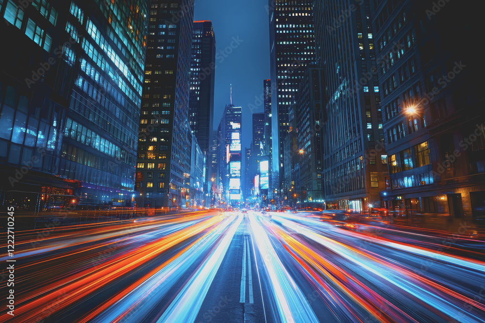 Fototapeta premium This night view of a city full of tall skyscrapers was taken from a low angle.