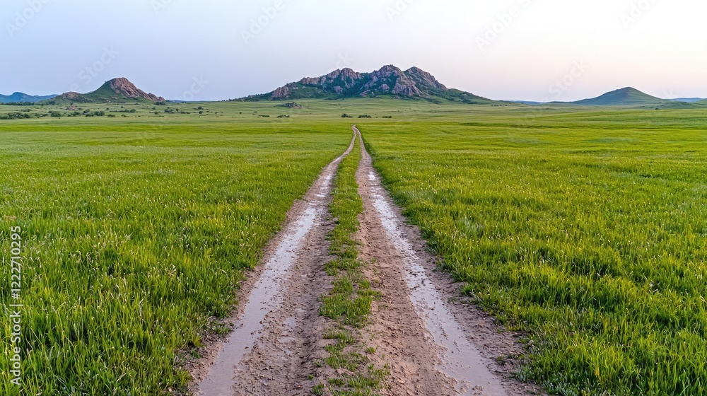 Lush green steppe, dirt road leading to hills, tranquil landscape, travel photography Lush green steppe, dirt road leading to hills, tranquil landscape, travel photography