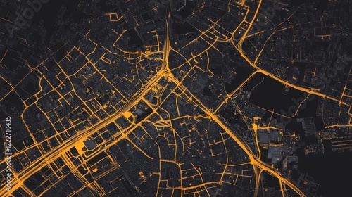 Intricate city layout illuminated at night showcasing vibrant urban infrastructure and traffic patterns
