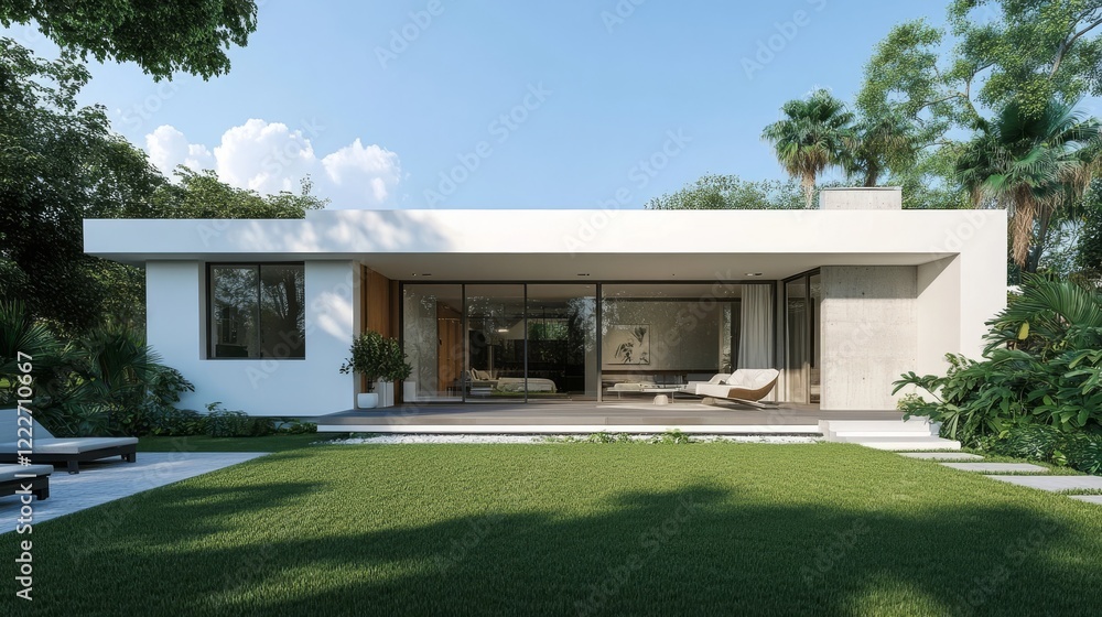 Modern house design with large windows set in a lush green landscape on a sunny day Modern house design with large windows set in a lush green landscape on a sunny day