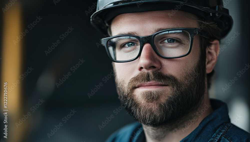 Handsome man with glasses and beard wearing hard hat in a construction setting Handsome man with glasses and beard wearing hard hat in a construction setting