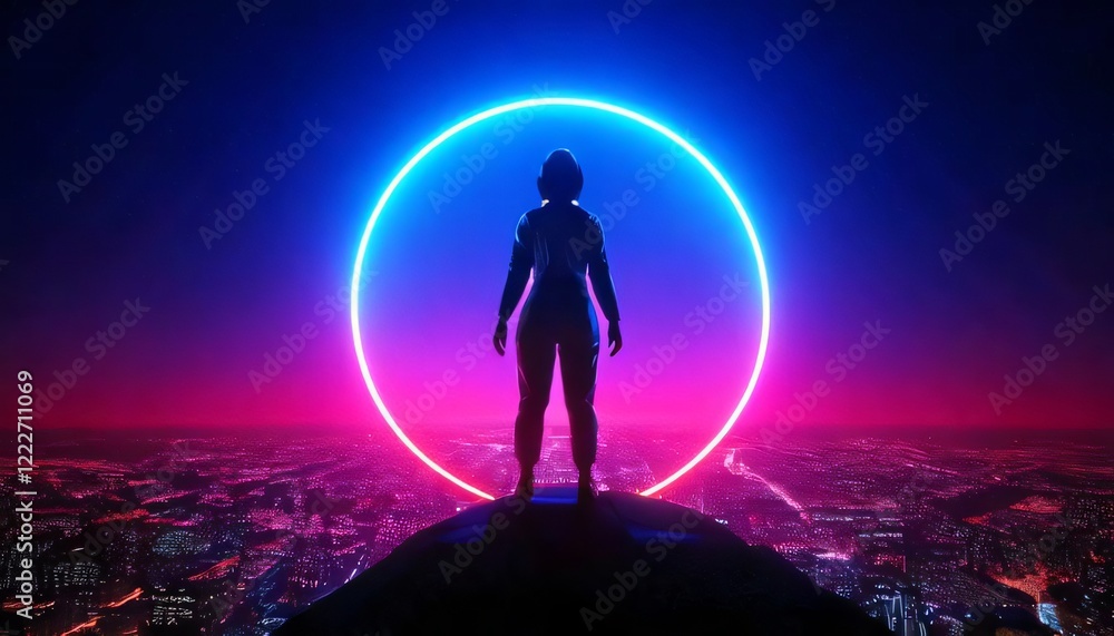 Fototapeta premium silhouette of person at front of iridescent halo light