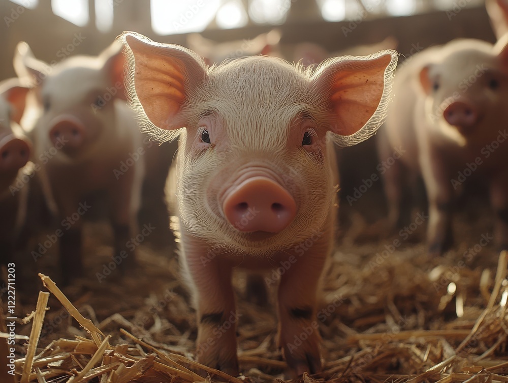 Adorable Piglets in Barn Setting Captivatingly Gaze at Camera, Showcasing Their Playful Nature and Innocent Charm Amidst Straw Environment Adorable Piglets in Barn Setting Captivatingly Gaze at Camera, Showcasing Their Playful Nature and Innocent Charm Amidst Straw Environment