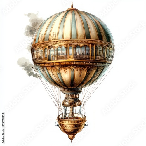 A Majestic Steampunk Hot Air Balloon Soaring Through the Skies - A Captivating Vintage Illustration of a Decorative Balloon with Intricate Details
