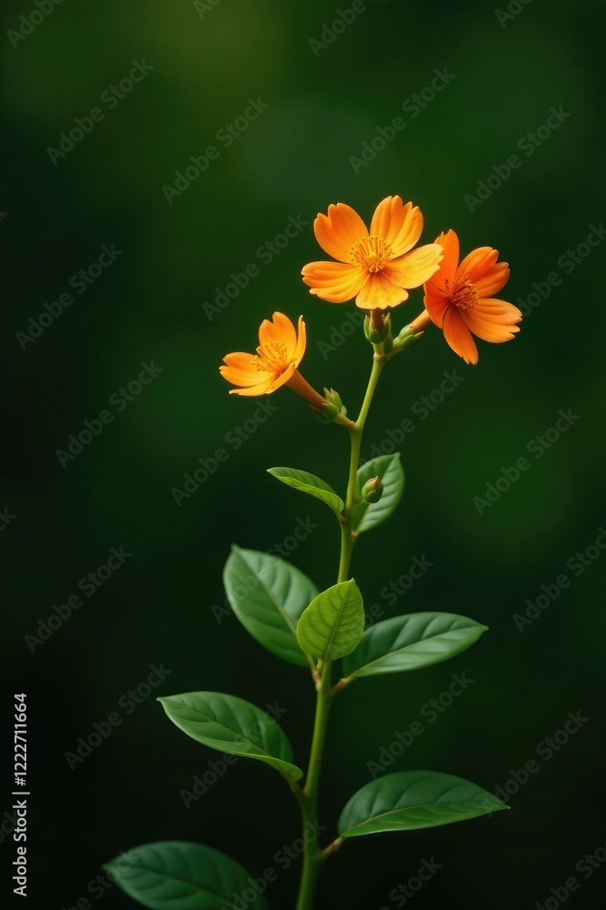 Fototapeta premium Delicate orange blooms against a dark green olive hue, foliage, nature